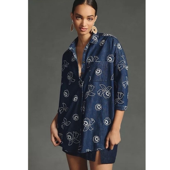 Anthropologie Tops - Anthropologie Maeve Oversized Embroidered Shirt
